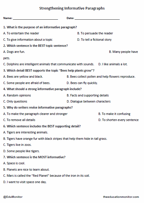 4th Grade Strengthening Informative Paragraphs Worksheet