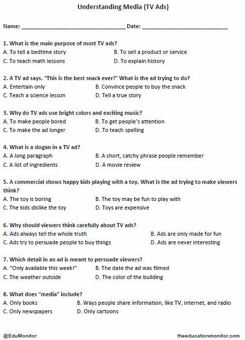 Grade 4 Understanding Media (Tv ads) Worksheet