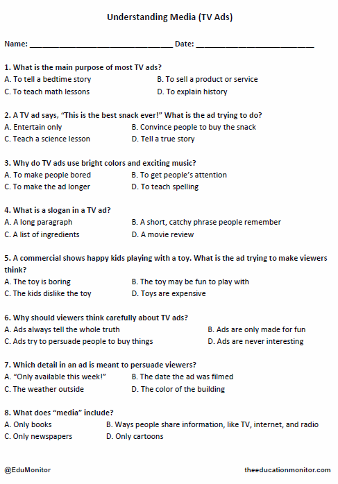 Grade 4 Understanding Media (Tv ads) Worksheet