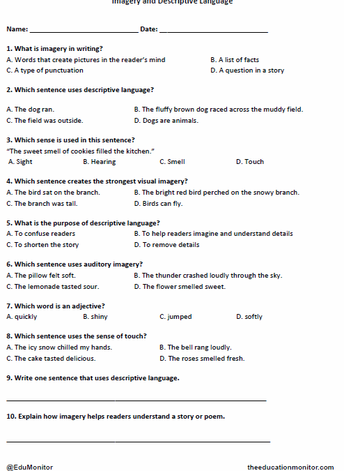 Grade 4 Imagery and Descriptive Language Worksheet