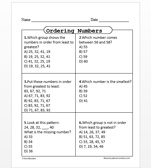 Ordering Numbers Edumonitor Worksheet Grade 2