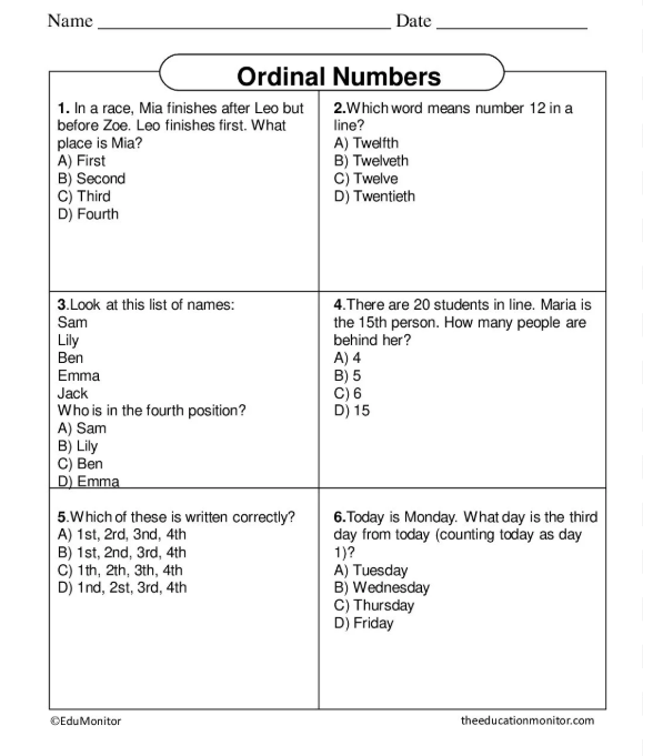 Grade 2 Edumonitor Worksheet Ordinal Numbers
