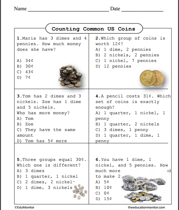 Counting Common Coins Grade 2 EduMonitor Worksheet