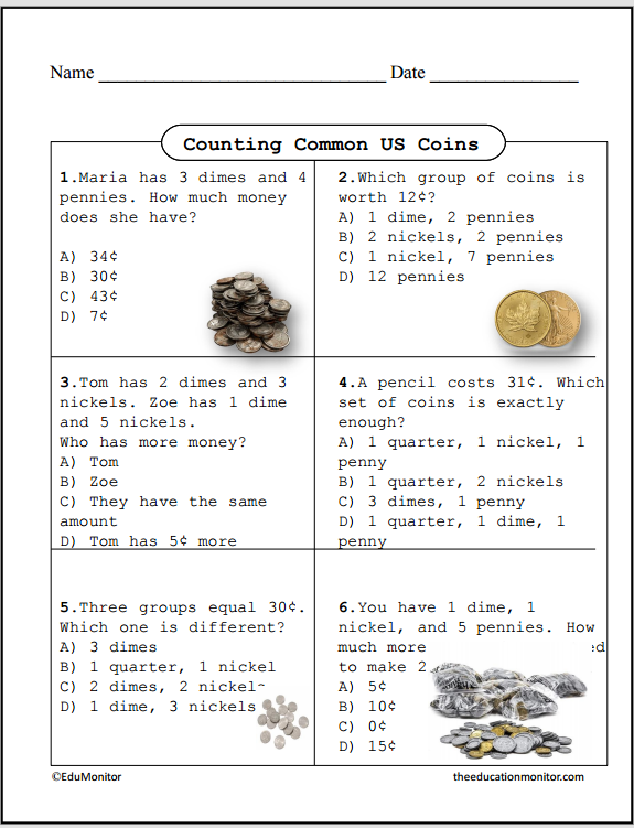Counting Common Coins Grade 2 EduMonitor Worksheet
