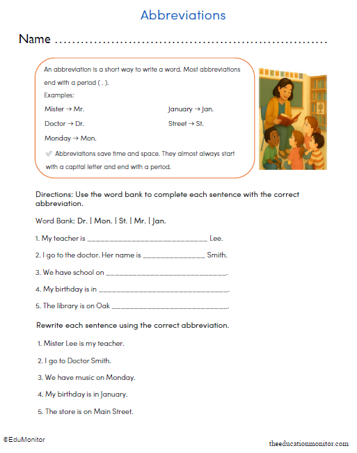 Abbreviations Printable Worksheet for Grade 3