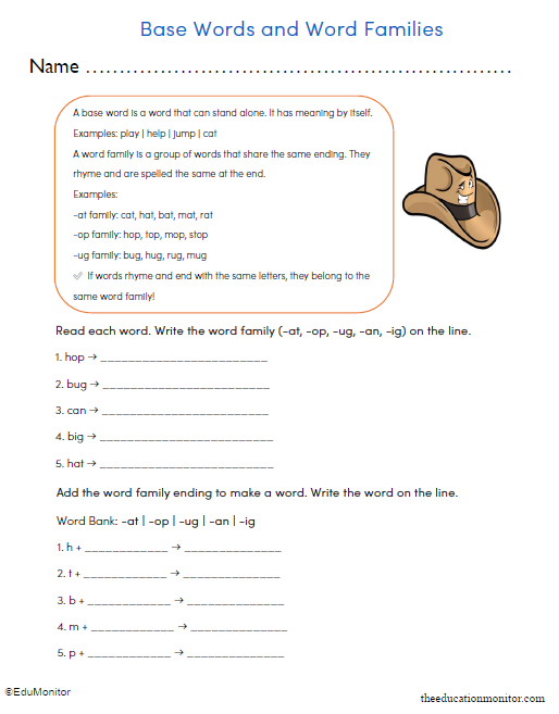 Base Words and Word Families Worksheet for 3rd Grade