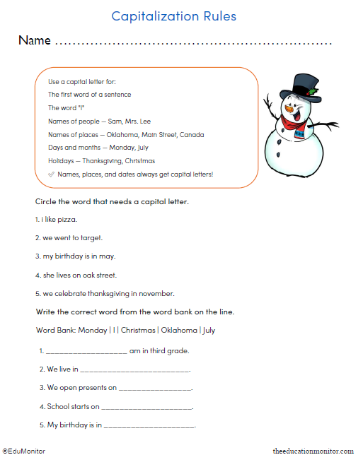 Grade 3 Capitalization Printable Worksheet