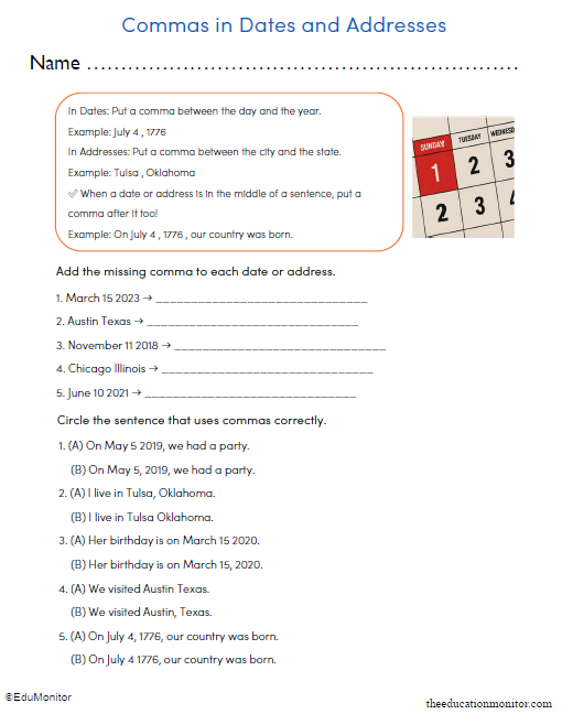 Commas in Dates and Addresses Worksheet for Grade 3