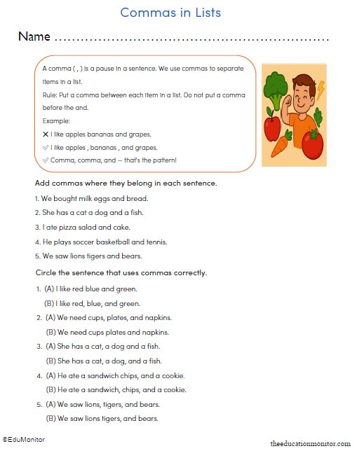 Third Grade Commas in Lists Worksheet