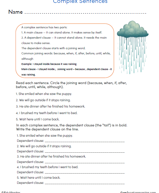 Grade 3 Complex Sentences Worksheet
