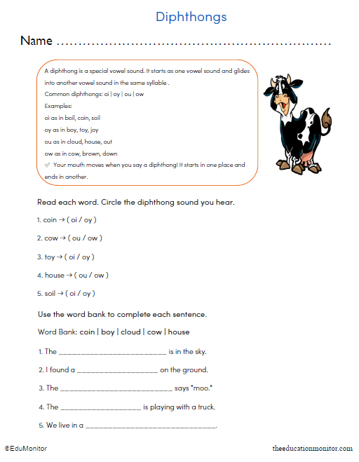 Diphthongs Printable Worksheet for 3rd Grade