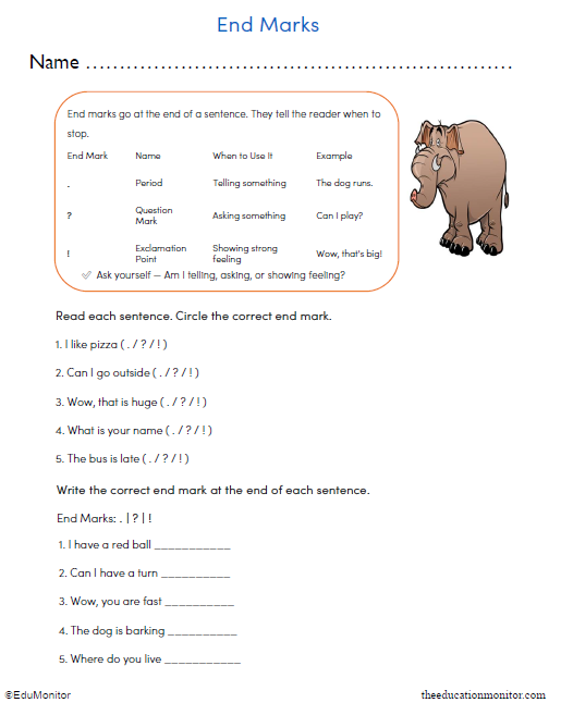 End Marks Printable Worksheet for Grade 3