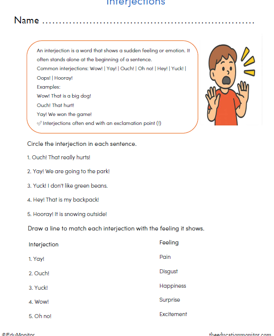 3rd Grade Interjections Printable Worksheet