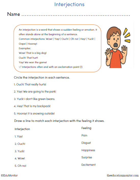 3rd Grade Interjections Printable Worksheet