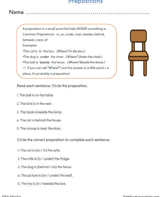 Third Grade Prepositions Worksheet