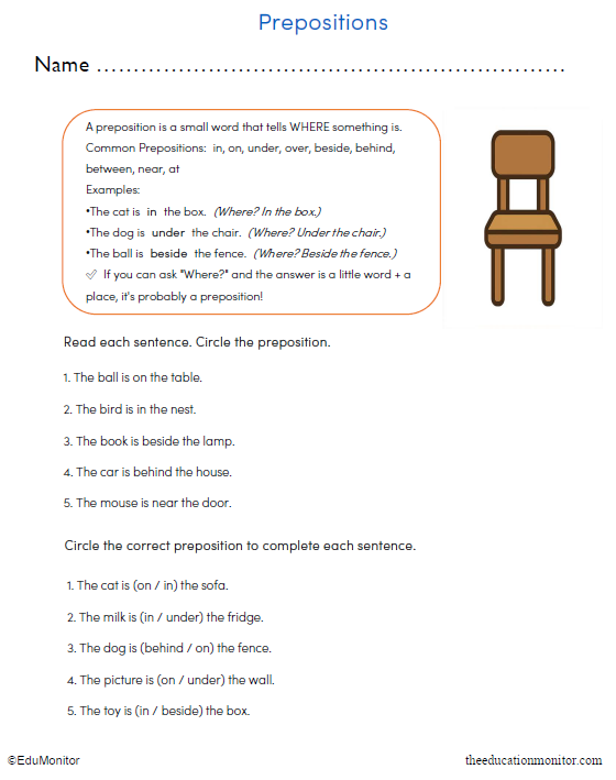 Third Grade Prepositions Worksheet