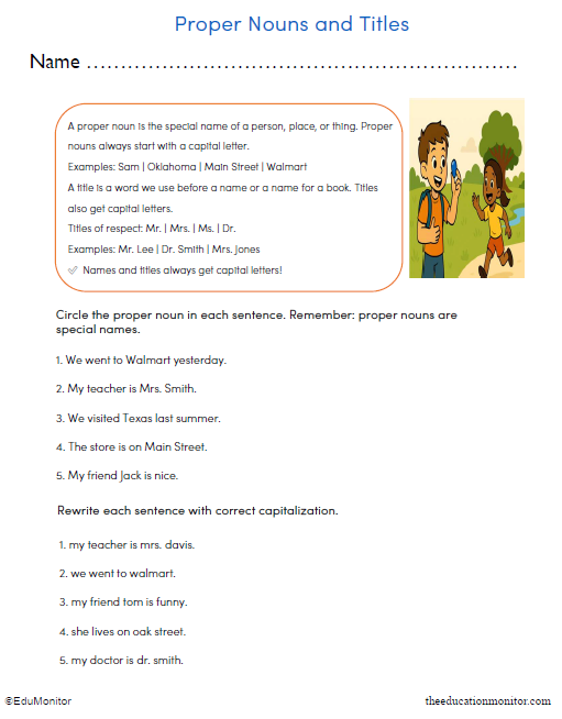 Proper Nouns and Titles Worksheet for 3rd Grade