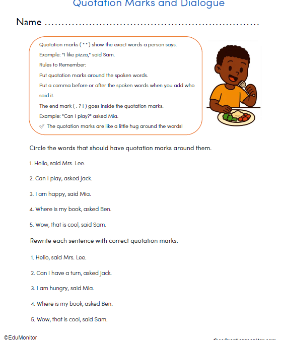 3rd Grade Quotation Marks and Dialogue Worksheet