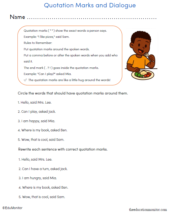 3rd Grade Quotation Marks and Dialogue Worksheet