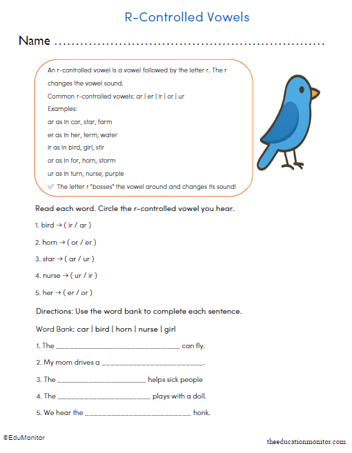 R-Controlled Vowels Worksheet for Third Grade