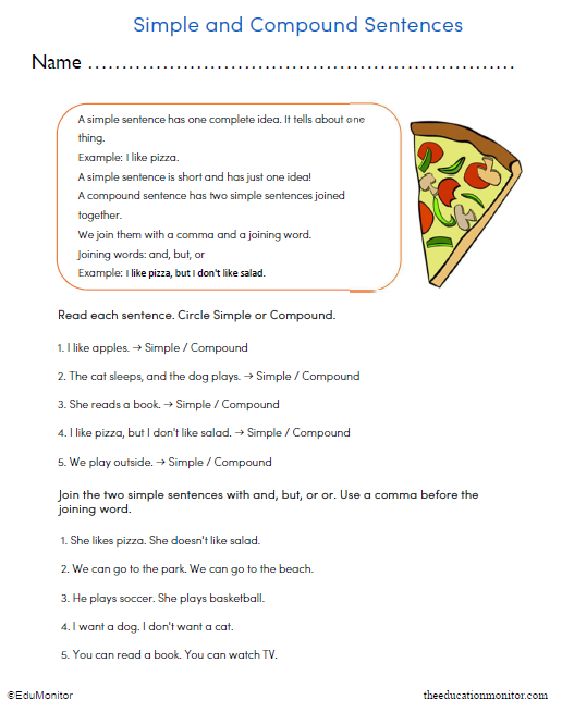 Simple and Compound Sentences Printable for Grade 3