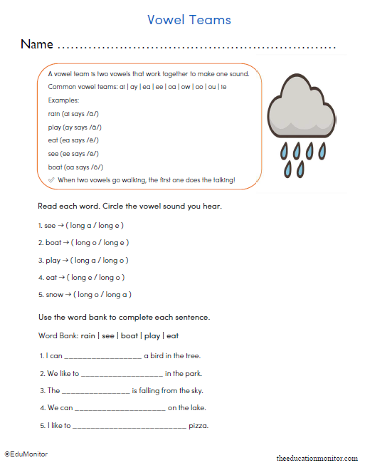 Grade 3 Vowel Teams Printable Worksheet