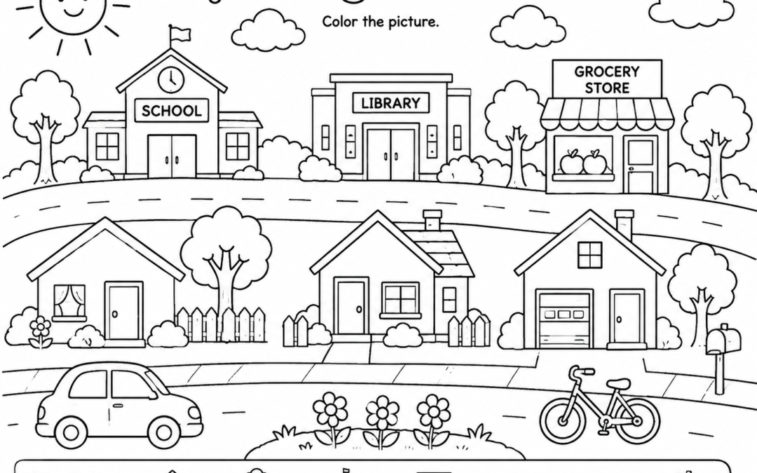 My Neighborhood Kindergarten Social Studies Coloring Page