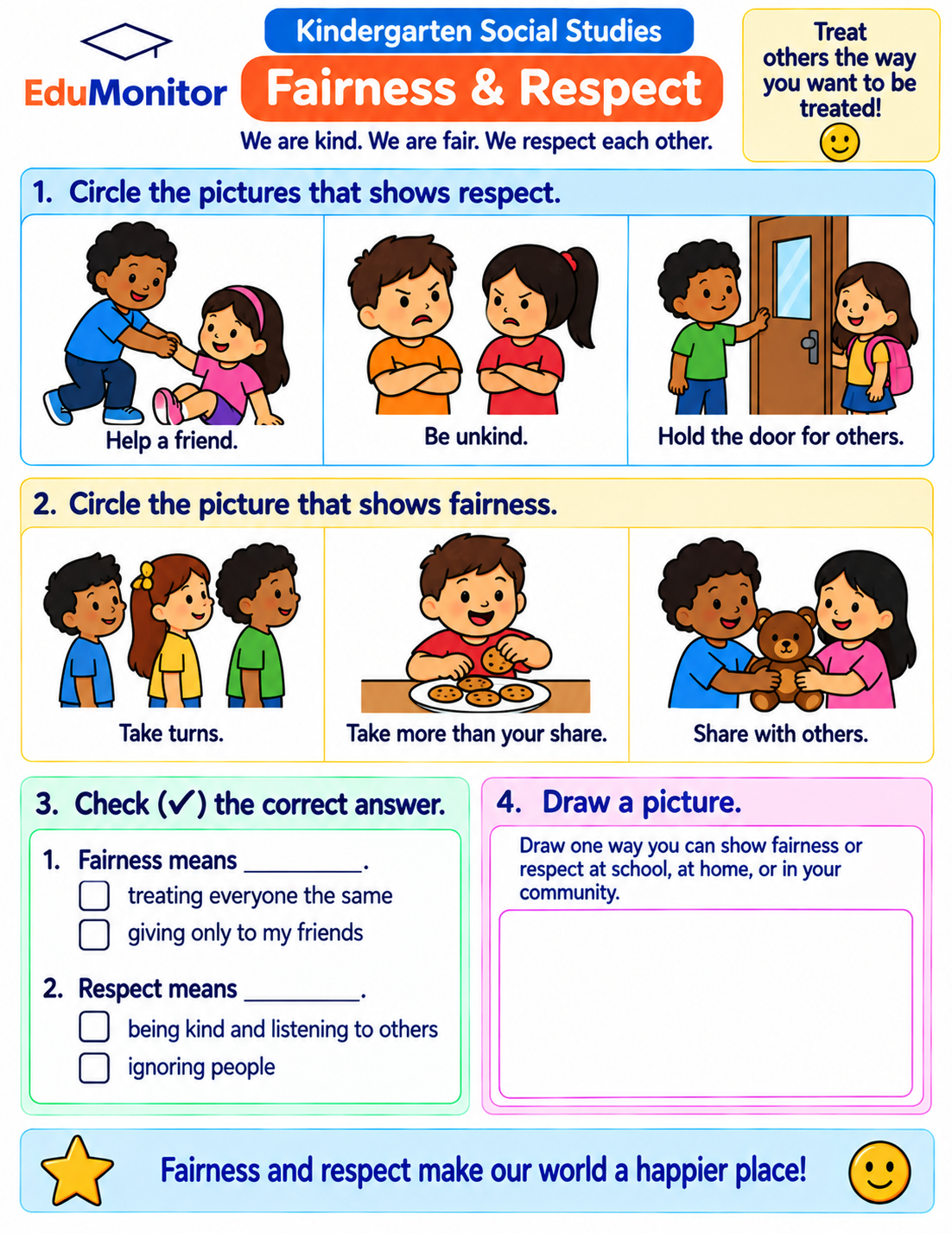 kindergarten fairness and respect social studies worksheet