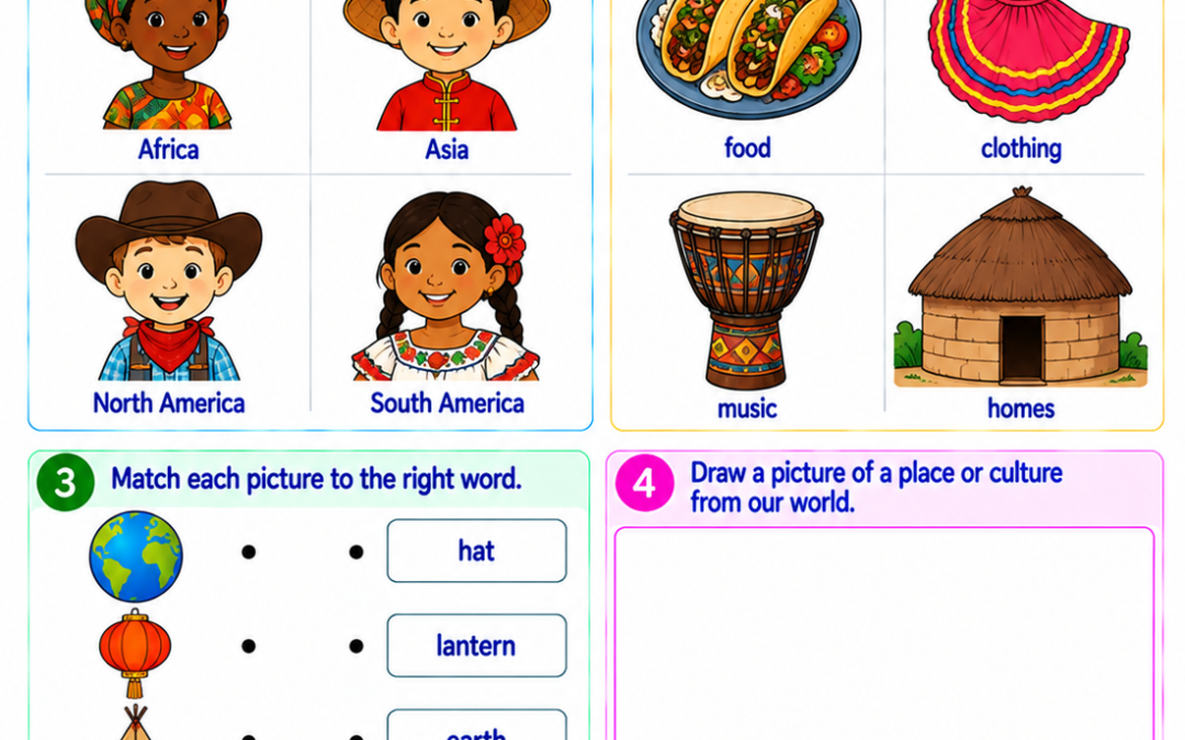Our World and Cultures Kindergarten Social Studies Worksheet for Your Kids