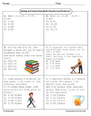 EduMonitor Worksheet Grade Six Math Adding and Subtracting Multi-Step Decimal Problems