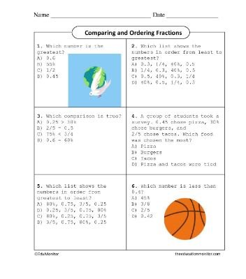 EduMonitor Worksheet Grade Six Math, Comparing and Ordering Fractions