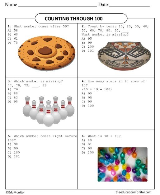 Grade Six Math Counting Through 100 EduMonitor Worksheet.
