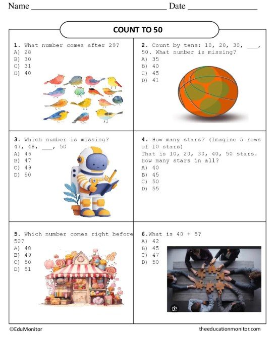 Grade Six Math Count To 50 EduMonitor Worksheet