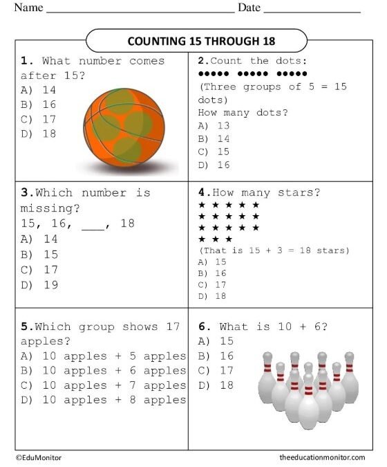 EduMonitor Worksheet Grade Six Math Counting 15 Through 18