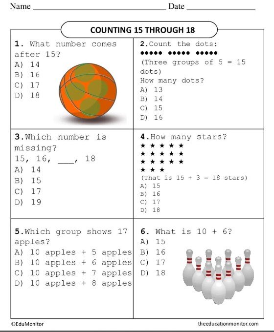 EduMonitor Worksheet Grade Six Math Counting 15 Through 18