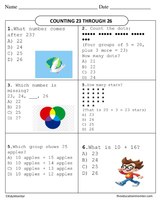 Grade Six Math Counting 23 Through 26 EduMonitor Worksheet.
