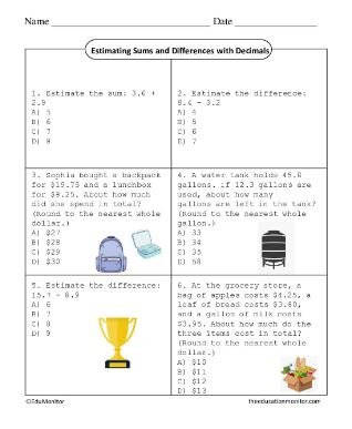 EduMonitor Worksheet Grade Six Math Estimating Sums and Differences with Decimals