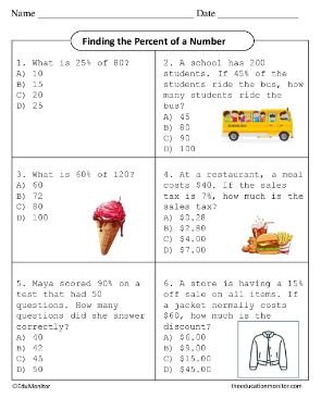 EduMonitor Worksheet Grade Six Math Finding the Percent of a Number