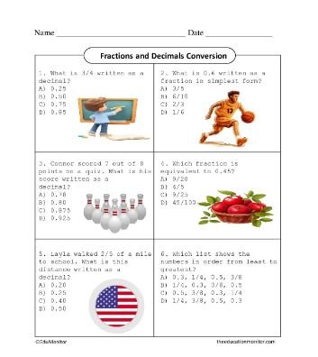 EduMonitor Worksheet Grade Six Math Fractions and Decimals Conversion
