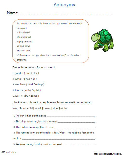 Antonyms Printable Worksheet for Grade 3