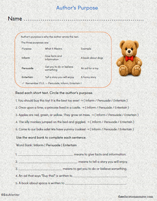 Grade 3 Author’s Purpose Printable Worksheet