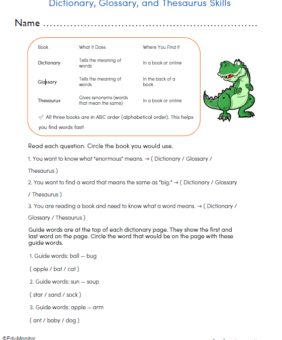 Dictionary, Glossary and Thesaurus Skills Worksheet for Grade 3