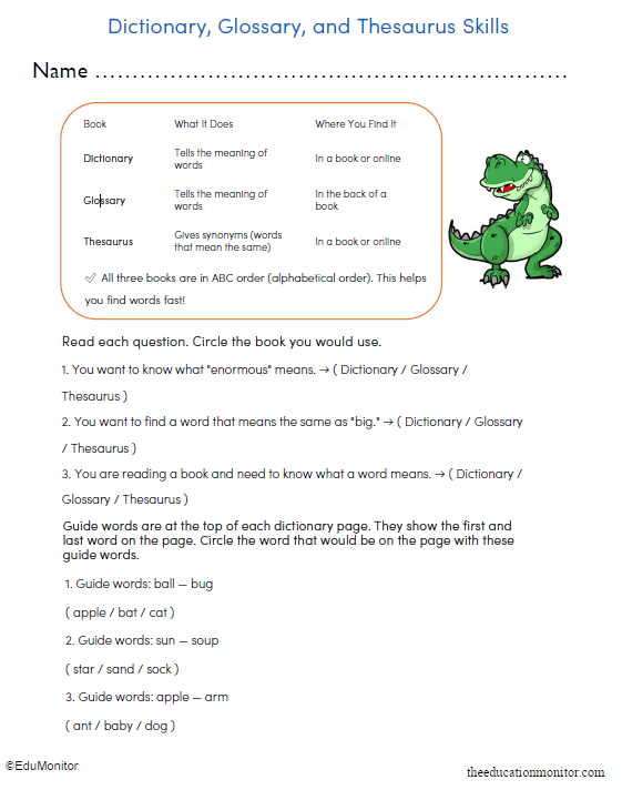 Grade 3 Dictionary, Glossary, and Thesaurus Skills Worksheet_EduMonitor Dictionary, Glossary and Thesaurus Skills Worksheet for Grade 3
