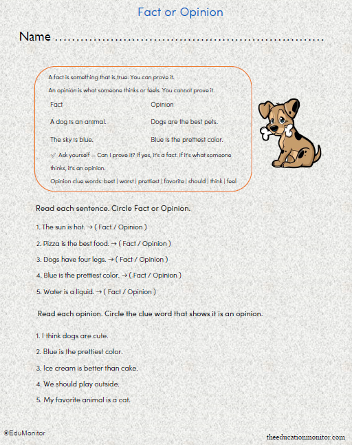 Fact or Opinion Printable Worksheet for 3rd Grade