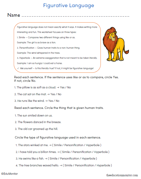 Grade 3 Figurative Language Worksheet_EduMonitor Grade 3 Figurative Language Worksheet