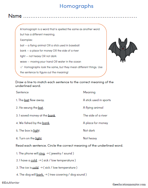 3rd Grade Homographs Printable Worksheet