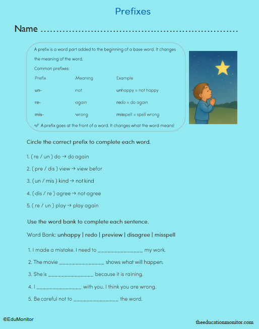 Prefixes Printable Worksheet for Third Grade