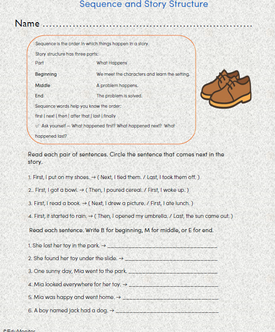 Sequence and Story Structure Worksheet for Grade 3