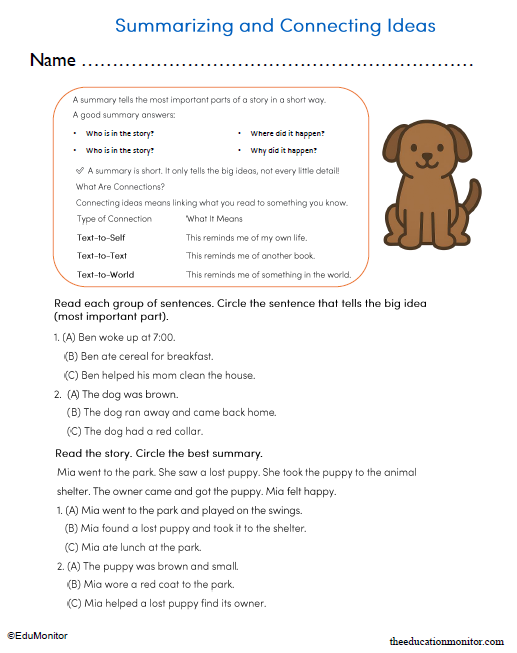 3rd Grade Summarizing and Connecting Ideas Worksheet