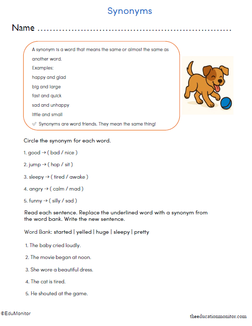 Third Grade Synonyms Printable Worksheet